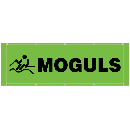 BH34 Moguls, high visibility green mesh banner 84x30, tear and mildew resistant high tenacity polyester, coated with fade resistant high vis green vinyl, grommets and sleeves on sides for bamboo poles. Click to expand image