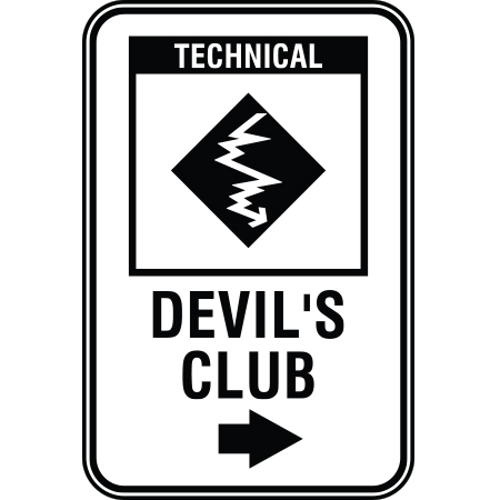 B229 12 x 18, Black Diamond Technical Mountain Bike Trail Sign, Devil's Club with Arrow, coroplast and 12 gauge sign grade aluminum sheeted with top quality, high performance print* or vinyl graphics, direct people in all trail systems, technical, cross-country, freeride, downhill, professional, difficulty levels, choose your symbol, custom, mountain bike risk and liability, safety, summer, trail, downhill.. Click to expand image