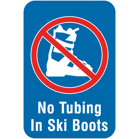 L609 No Tubing in Ski Boots 12" x 18" Blue Reflective Aluminum lift sign for ski areas - produced by Inter-Mtn.. Click to expand image