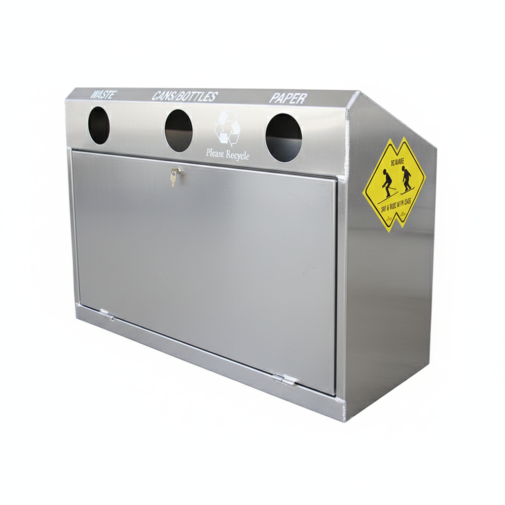 Aluminum 3 Hole Garbage/Recycling Container with Standard Decals.. Click to expand image