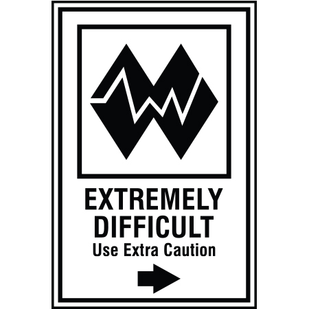 B157 12 x 18, Double Black Diamond Mountain Bike Trail Sign, Extremely Difficult with Arrow, coroplast and 12 gauge sign grade aluminum sheeted with top quality, high performance print* or vinyl graphics, direct people in all trail systems, technical, cross-country, freeride, downhill, professional, difficulty levels, choose your symbol, custom, mountain bike risk and liability, safety, summer, trail, downhill.. Click to expand image