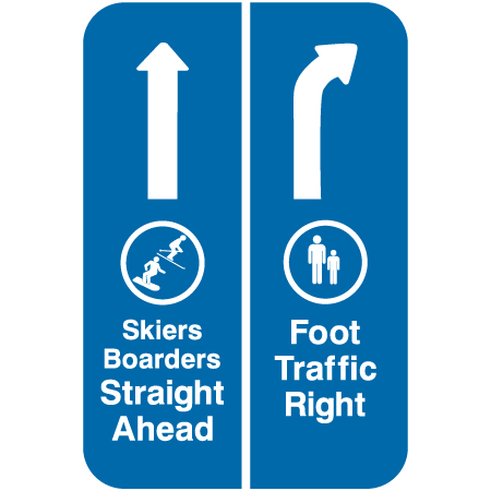 L509 Skiers Boarders Straight Ahead, Foot Traffic Right (Provide Arrow Direction) 12" x 18" Blue Reflective Aluminum lift sign for ski areas - produced by Inter-Mtn.. Click to expand image