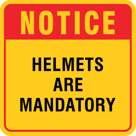 B303, 18 x 18, 12 x 12, notice helmets are mandatory, Mountain bike risk and liability, safety, summer, trail, downhill, available on white or yellow coroplast and 12 gauge sign grade aluminum sheeted with top quality, high performance print* or vinyl graphics.. Click to expand image