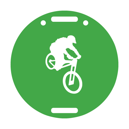 E116, 11.5 x 11.5, mountain bike graphic, green circle polythylene disc, UV protected and cost effective marking signs, holes on top to hang from rope, slots top and bottom to fit over bamboo poles, trail and ability markers.. Click to expand image
