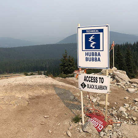 B224 12 x 18, Blue Technical Mountain Bike Trail Sign - Fantastic Emergency #, coroplast and 12 gauge sign grade aluminum sheeted with top quality, high performance print* or vinyl graphics, direct people in all trail systems, technical, cross-country, freeride, downhill, professional, difficulty levels, choose your symbol, custom, mountain bike risk and liability, safety, summer, trail, downhill.. Click to expand image