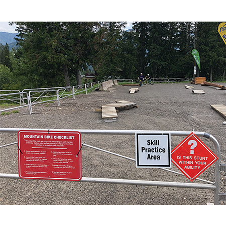 B501 B703, 18 x 18, 12 x 12, skill practice area, mountain bike checklist. Mountain bike risk and liability, safety, summer, trail, downhill, available on white or yellow coroplast and 12 gauge sign grade aluminum sheeted with top quality, high performance print* or vinyl graphics.. Click to expand image