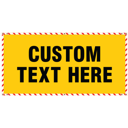 72" x 36" Yellow Banner Horizontal with Red/White Ticker Tape - grommets no pole pockets - CUSTOM TEXT. Click to expand image