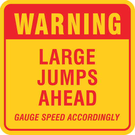 B312, 18 x 18, 12 x 12, warning large jumps ahead, gauge speed accordingly, Mountain bike risk and liability, safety, summer, trail, downhill, available on white or yellow coroplast and 12 gauge sign grade aluminum sheeted with top quality, high performance print* or vinyl graphics.. Click to expand image