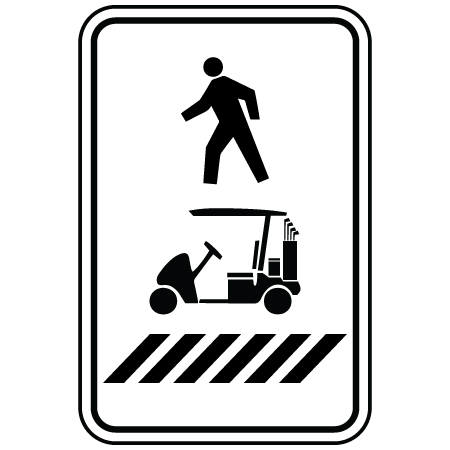 R-111-1 Pedestrian, golf cart, crosswalk, right, 12 x 18. Reflective aluminum, traffic sign for all parks, recreational facilities, municipal, city, town. Rules and conditions of your specific area, jurisdiction, produced by Inter-Mtn.. Click to expand image