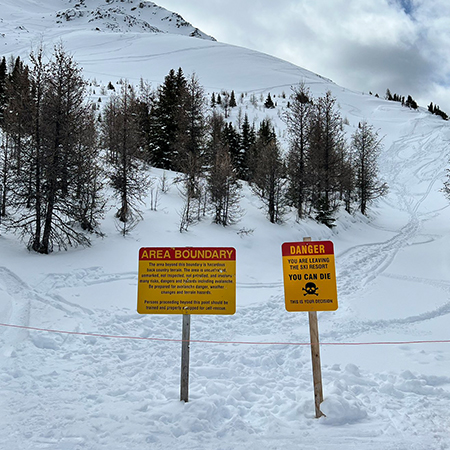 H402 H406 36" x 30" Area Boundary, This area beyond this boundary is hazardous, Danger You Are Leaving Resort, You Can Die, yellow reflective aluminum closure sign with rounded corners - ski area sign - Inter-Mtn.. Click to expand image
