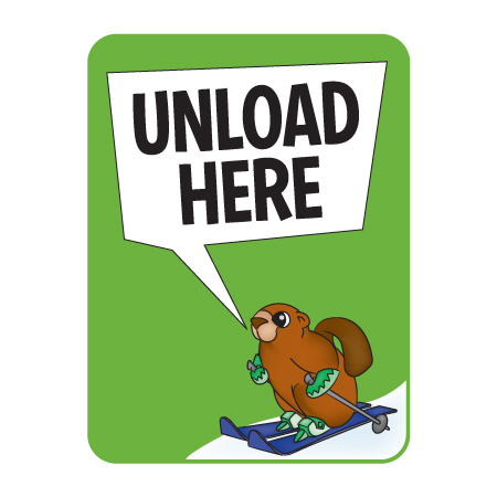 KS03 18" x 24" (actual size 30x45cm) Aluminum Sign - Unload Here, with "character" Skier.. Click to expand image