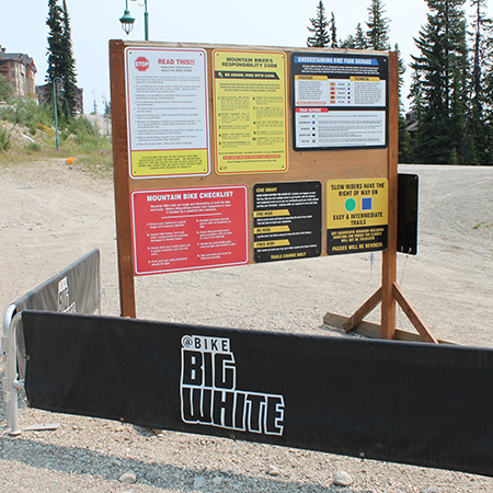 B850 B851 B852 B701 B703 B705 coroplast, 12 gauge sign grade aluminum sheeted with top quality prismatic reflective, high performance print or vinyl graphics, important information, liability, you assume the risk of injury, mountain bike, bike park, trail sign.. Click to expand image