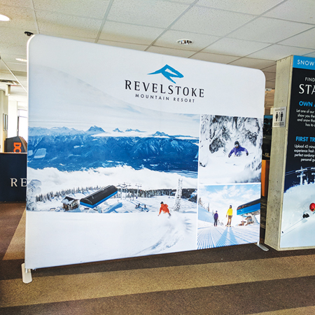 Tradeshow walls and stands are quick and easy assembly, interchangeable skins are all made with non-curling fabric, including full size exhibition backdrops - Inter-Mtn. Enterprises.