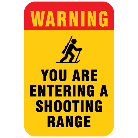 W182 Warning - You Are Entering A Shooting Range 12" x 18", yellow white reflective aluminum nordic sign with rounded corners - ski area sign - Inter-Mtn.. Click to expand image