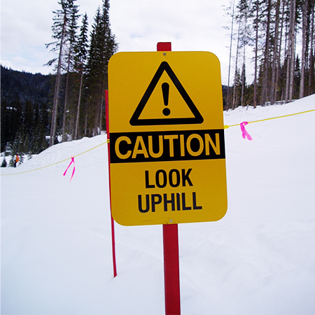 H110 Caution Look Uphill with right or left arrow 18" x 24" Yellow Reflective Aluminum Sign produced by Inter-Mtn.. Click to expand image
