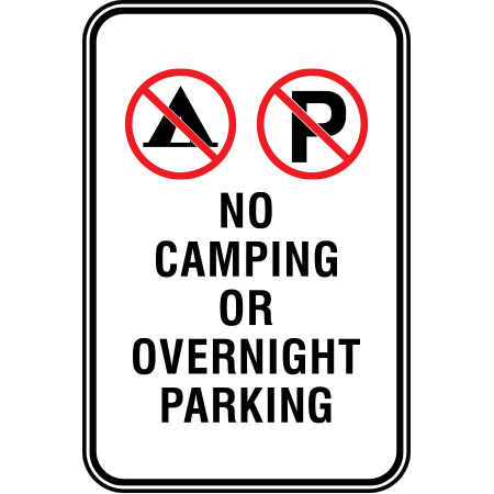 R201 No camping or overnight parking, 12 x 18, White Reflective Aluminum Sign, simple message for all parks and recreational facilities. Signs can be easily adapted to BC Parks, Parks Canada, rules and conditions of your specific area, jurisdiction, produced by Inter-Mtn.. Click to expand image
