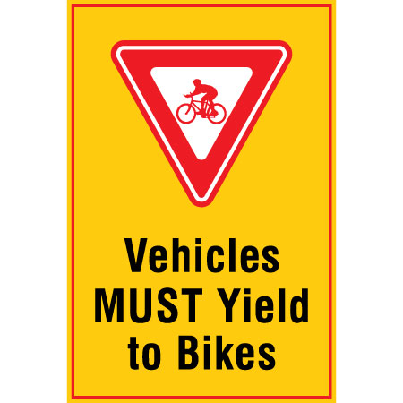 B602, 24 x 36, bike crossing ahead, Mountain bike risk and liability, safety, summer, trail, downhill, available on white or yellow coroplast and 12 gauge sign grade aluminum sheeted with top quality, high performance print* or vinyl graphics.. Click to expand image