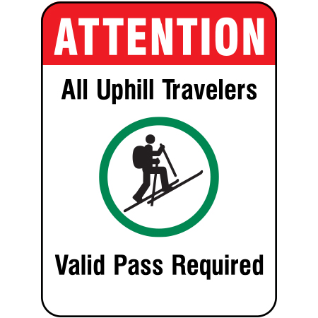 H230 Attention - All Uphill Travelers Valid Pass Required with Uphill Skier Symbol 18" x 24" White Reflective Aluminum Sign produced by Inter-Mtn.. Click to expand image