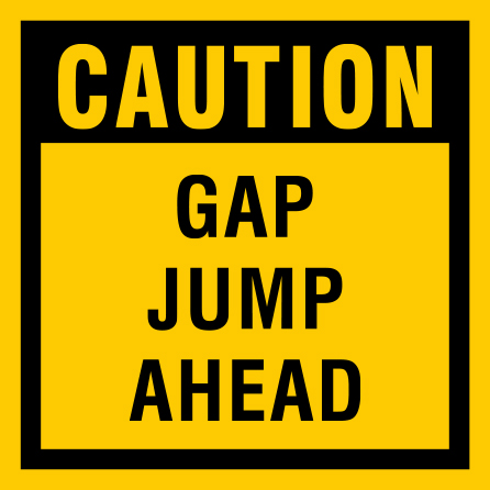 B141c 12" x 12" Coroplast Sign - Caution, Gap Jump Ahead.. Click to expand image