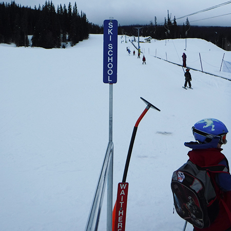 L102 Ski School 4" x 18" Blue Reflective Aluminum lift sign for ski areas produced by Inter-Mtn.. Click to expand image