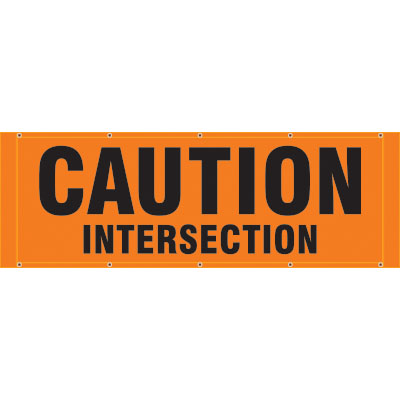 BH15 Caution Intersection, high visibility orange mesh banner 84x30, tear and mildew resistant high tenacity polyester, coated with fade resistant high vis orange vinyl, grommets and sleeves on sides for bamboo poles. Click to expand image
