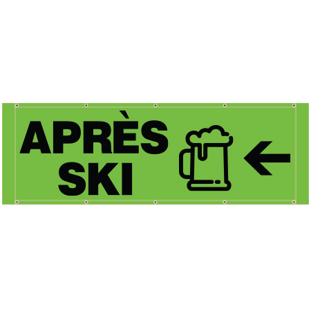 BH35 Après Ski Arrow Pointing Left, high visibility green mesh banner 84x30, tear and mildew resistant high tenacity polyester, coated with fade resistant high vis green vinyl, grommets and sleeves on sides for bamboo poles. Click to expand image