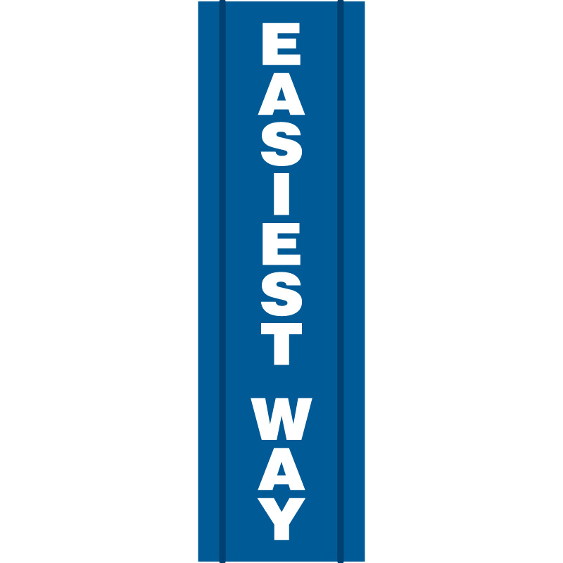 Easiest Way - Vertical banner for Ski Resorts, Bike Parks, and outdoor recreation. Made of hi vis mesh, tear and mildew resistant high tenacity polyester, coated with fade resistant medium blue vinyl, grommets and sleeves on sides for bamboo poles. Click to expand image