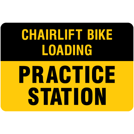 B626 Chairlift bike loading. Practice station. Aluminum, yellow, black and red 24" x 36" mountain bike risk sign.. Click to expand image