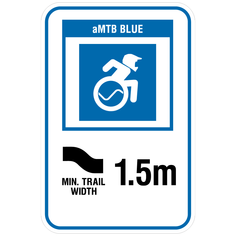 aMTB Blue - Intermediate features and steeper terrain. Signage for adaptive mountain biking technical trails shows trail designation. The aMTB symbol indicates accessibility for adaptive bikes/riders on adaptive bike-friendly aMTB trails on trail networks.. Click to expand image
