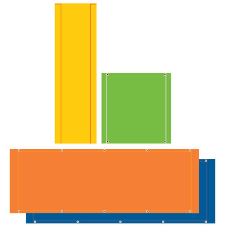 Inter-Mtn.'s high visibility banners are available in custom colours and custom sizes. The image shows two horizontal banners, one vertical, and one square each in one of the four available banner colours.. Click to expand image