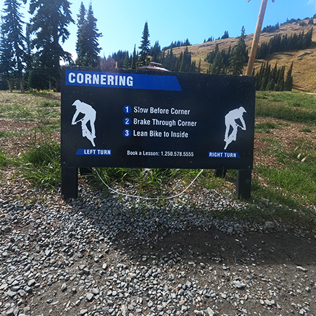 B865 48 x 24, Cornering, coroplast, 12 gauge sign grade aluminum sheeted with top quality prismatic reflective, high performance print or vinyl graphics, important information, liability, you assume the risk of injury, mountain bike, bike park, trail sign.. Click to expand image