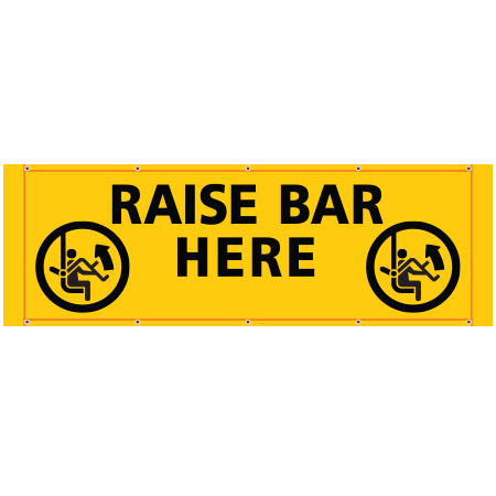 BH31 Raise Bar Here, high visibility yellow mesh banner 84x30, tear and mildew resistant high tenacity polyester, coated with fade resistant bright yellow vinyl, grommets and sleeves on sides for bamboo poles. Click to expand image