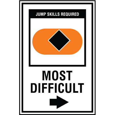 B211 12 x 18, Black Diamond Freeride Mountain Bike Trail Sign, Most Difficult with Arrow, coroplast and 12 gauge sign grade aluminum sheeted with top quality, high performance print* or vinyl graphics, direct people in all trail systems, technical, cross-country, freeride, downhill, professional, difficulty levels, choose your symbol, custom, mountain bike risk and liability, safety, summer, trail, downhill.. Click to expand image