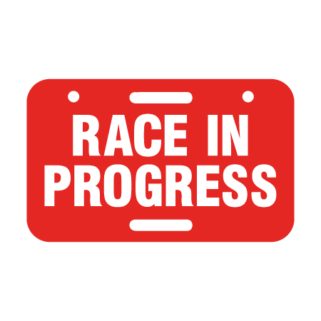 D07 Race in Progress 11.5" x 7" Red rectangle polythylene disc, UV protected and cost effective marking signs, holes on top to hang from rope, slots top and bottom to fit over bamboo poles, trail and ability markers. Click to expand image