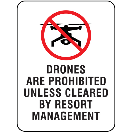 S414 Drones are prohibited unless cleared by resort, 24 x 18. Reflective Aluminum Sign, message for all parks, recreational facilities, municipal, city, town. Rules and conditions of your specific area, jurisdiction, produced by Inter-Mtn.. Click to expand image