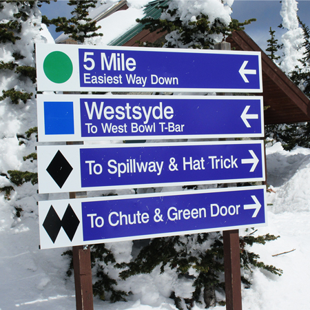 Trail signs are standard re-turned 12 gauge sign grade aluminum and high performance vinyl; resistant to fading, bending, cracking, and rodents. Complementary programs for nordic, fat bike, and snowshoe trails. Available in flat aluminum or wood sign systems with custom programs.. Click to expand image