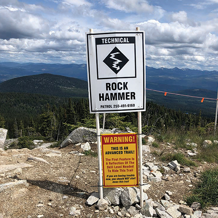 B228 12 x 18, Black Diamond Technical Mountain Bike Trail Sign, Devil's Club, Emergency #, coroplast and 12 gauge sign grade aluminum sheeted with top quality, high performance print* or vinyl graphics, direct people in all trail systems, technical, cross-country, freeride, downhill, professional, difficulty levels, choose your symbol, custom, mountain bike risk and liability, safety, summer, trail, downhill.. Click to expand image