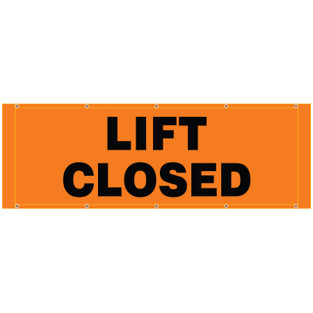 BH14 Lift Closed, high visibility orange mesh banner 84x30, tear and mildew resistant high tenacity polyester, coated with fade resistant high vis orange vinyl, grommets and sleeves on sides for bamboo poles. Click to expand image