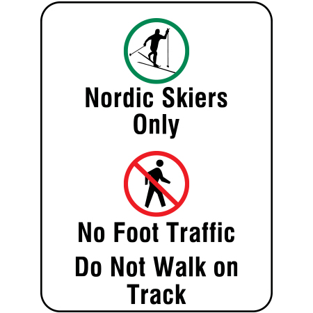 W105 Nordic Skiers Only - No Foot Traffic 18" x 24", white reflective aluminum nordic sign with rounded corners - ski area sign - Inter-Mtn.. Click to expand image