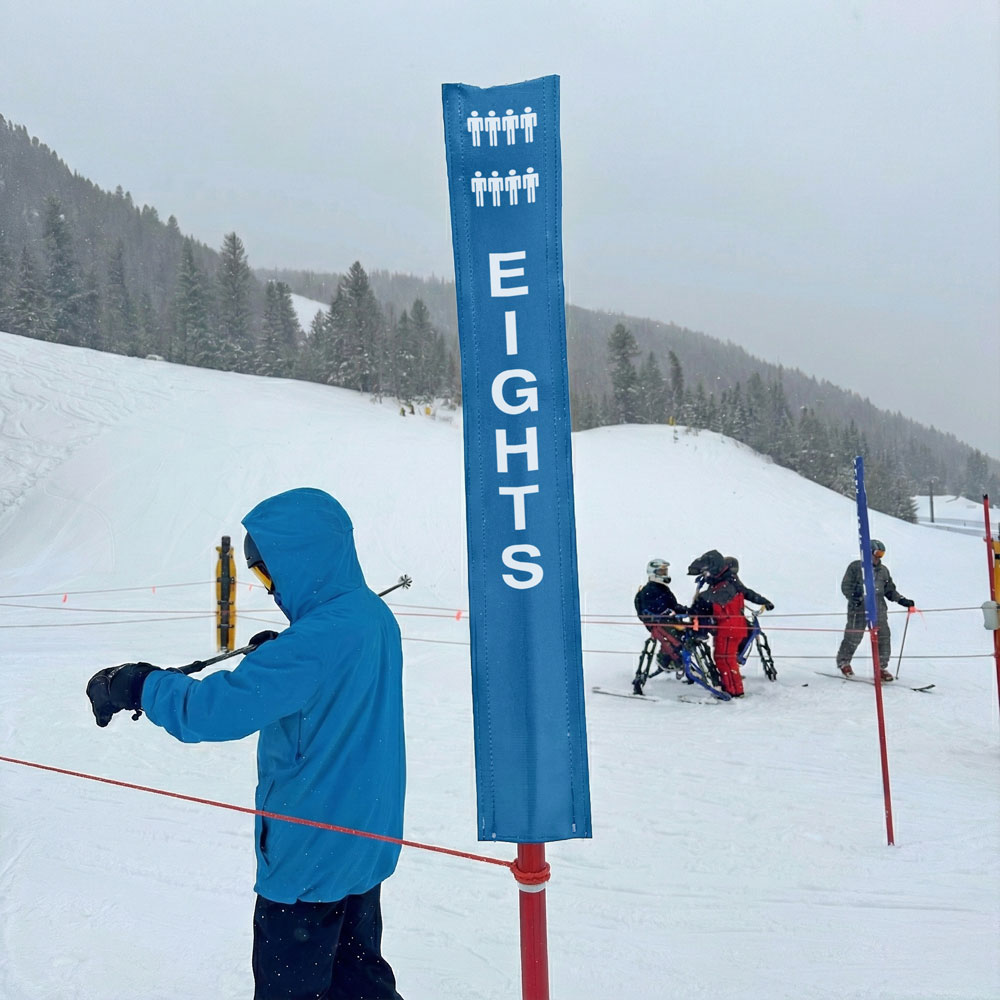 18oz vinyl banner material with a digital print - Pole Banner for ski resorts that reads Eights for large chairlifts. Click to expand image