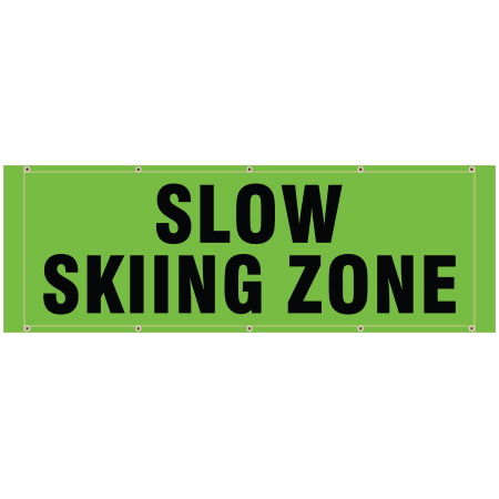 BH18 Slow Skiing Zone, high visibility green mesh banner 84x30, tear and mildew resistant high tenacity polyester, coated with fade resistant high vis green vinyl, grommets and sleeves on sides for bamboo poles. Click to expand image
