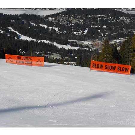 Inter-Mtn.'s high visibility banners are available in custom colours and custom sizes. The image shows two horizontal banners, one vertical, and one square each in one of the four available banner colours.. Click to expand image