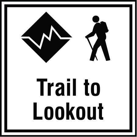 B163 12 x 12, 18 x 18, Black Diamond Hiking Trail Sign, Trail to Lookout, coroplast and 12 gauge sign grade aluminum sheeted with top quality, high performance print* or vinyl graphics, direct people in all trail systems, technical, cross-country, freeride, downhill, professional, difficulty levels, choose your symbol, custom, mountain bike risk and liability, safety, summer, trail, downhill.. Click to expand image