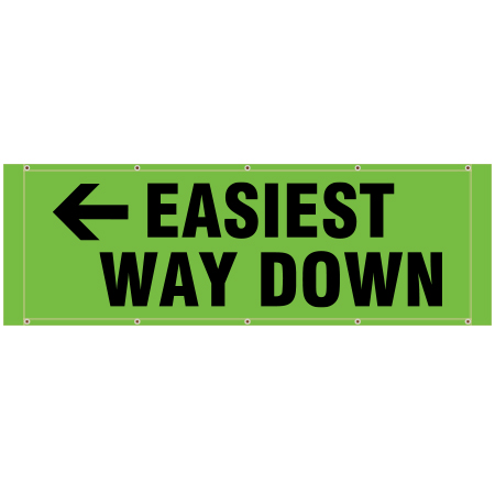 BH28 Easiest Way Down Arrow Pointing Left, high visibility green mesh banner 84x30, tear and mildew resistant high tenacity polyester, coated with fade resistant high vis green vinyl, grommets and sleeves on sides for bamboo poles. Click to expand image