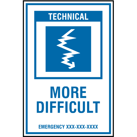 B226 12 x 18, Blue Technical Mountain Bike Trail Sign, More Difficult / Emergency #, coroplast and 12 gauge sign grade aluminum sheeted with top quality, high performance print* or vinyl graphics, direct people in all trail systems, technical, cross-country, freeride, downhill, professional, difficulty levels, choose your symbol, custom, mountain bike risk and liability, safety, summer, trail, downhill.. Click to expand image