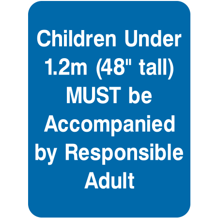 L130 Children Under 1.2m (48" tall) MUST be Accompanied by Responsible Adult - Confirm Height 18" x 24" Blue Reflective Aluminum lift sign for ski areas - produced by Inter-Mtn.. Click to expand image
