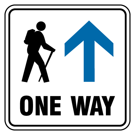 F151 One Way with arrow and hiking symbol, white reflective aluminum physical distancing and covid sign with rounded corners - Inter-Mtn.. Click to expand image