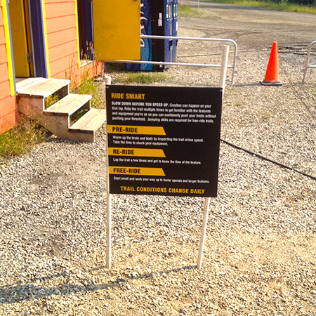 B851 Ride Smart 24 x 24, coroplast, 12 gauge sign grade aluminum sheeted with top quality prismatic reflective, high performance print or vinyl graphics, important information, liability, you assume the risk of injury, mountain bike, bike park, trail sign.. Click to expand image