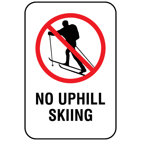 W171 No Uphill Skiing 12" x 18", white reflective aluminum nordic sign with rounded corners - ski area sign - Inter-Mtn.. Click to expand image