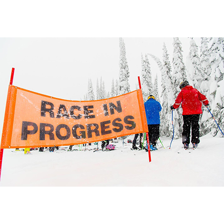 BH06 race in progress, high visibility orange mesh banner 84x30, tear and mildew resistant high tenacity polyester, coated with fade resistant high vis orange vinyl, grommets and sleeves on sides for bamboo poles.. Click to expand image